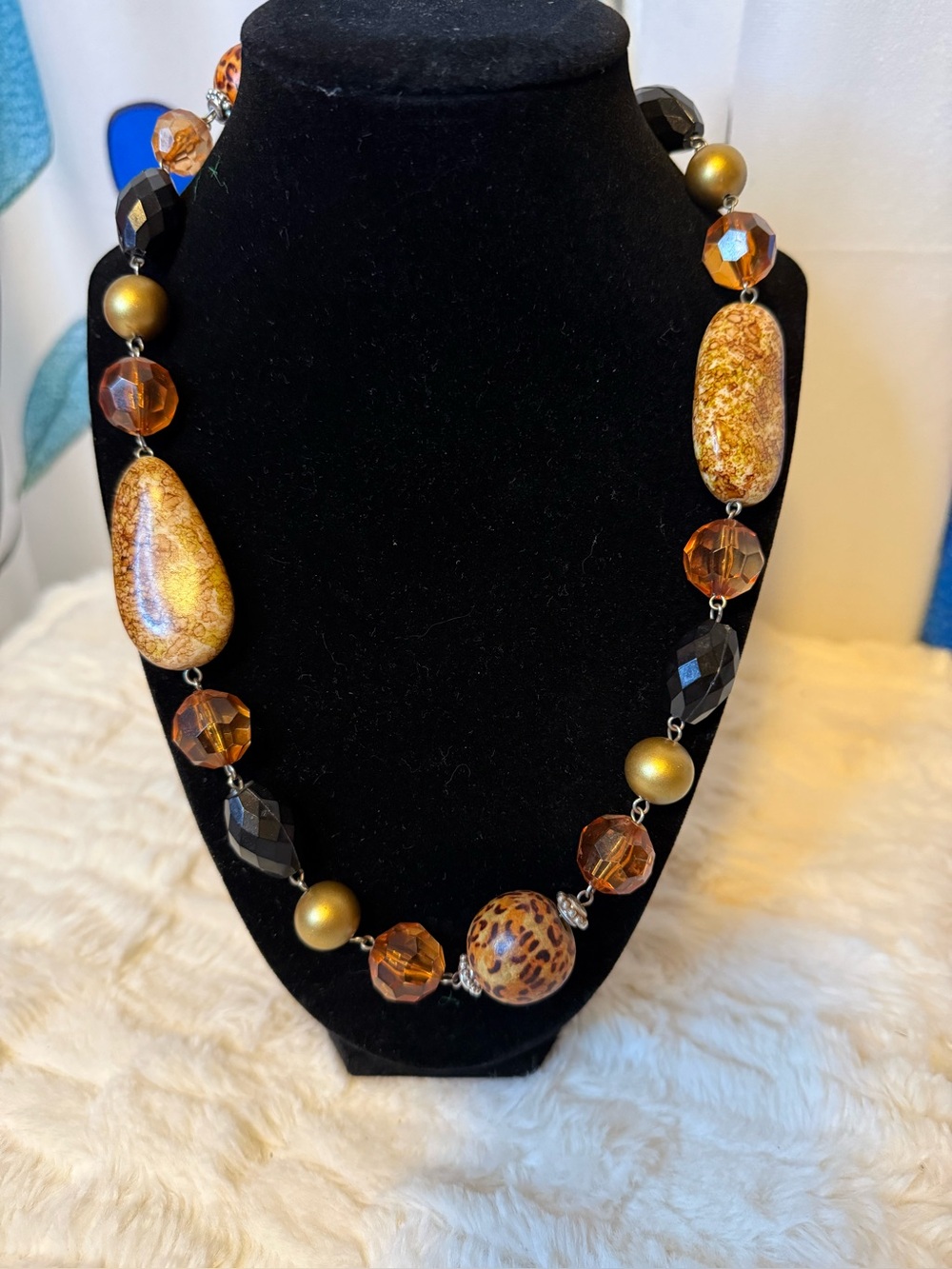 Boho Leopard Animal Print Amber Black Beaded Statement Necklace